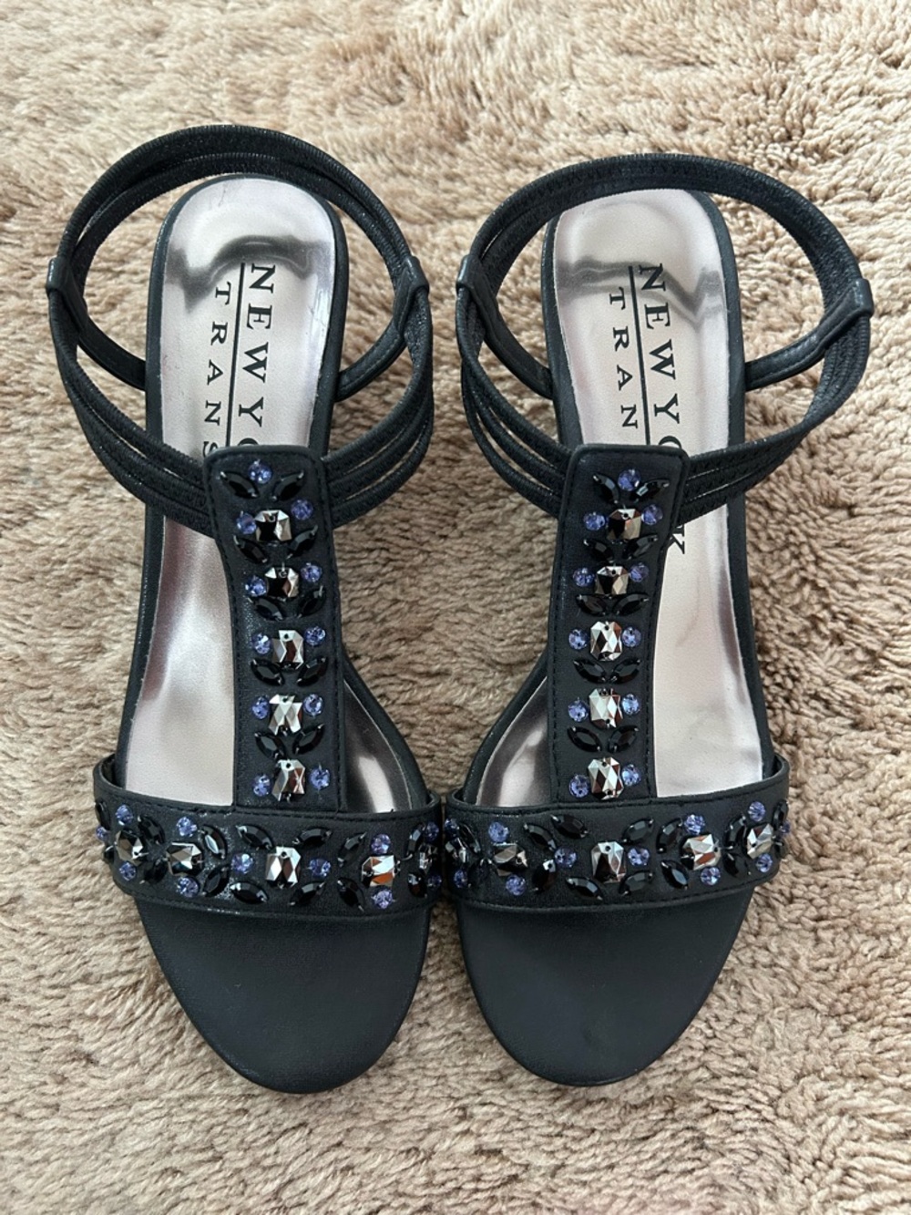 New York Transit Black Jeweled T-Strap Sandals